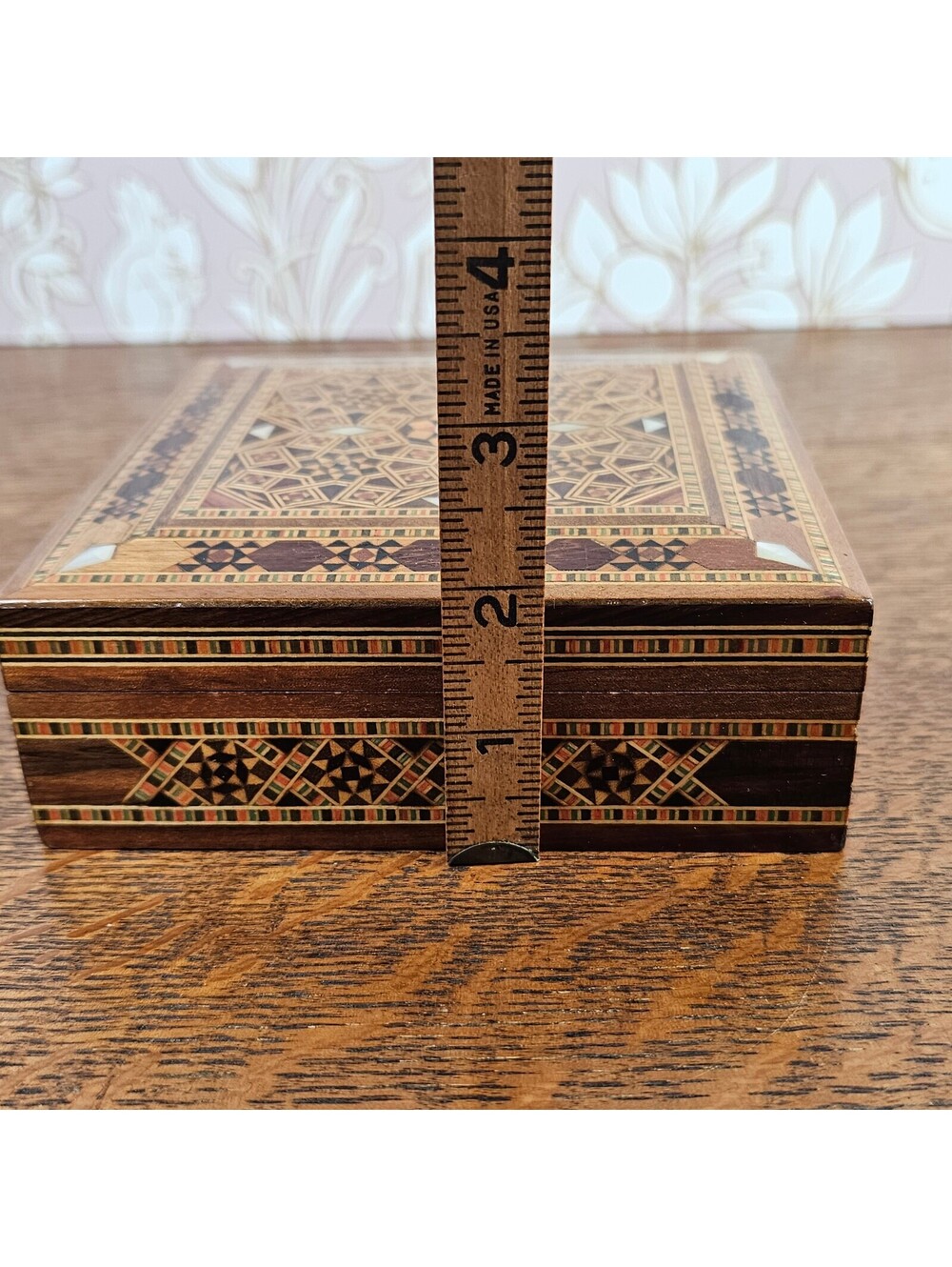 Vintage Damascus Mosaic Wood Jewelry Box Mother of Pearl Inlay 5 Inch - Picture 14 of 14